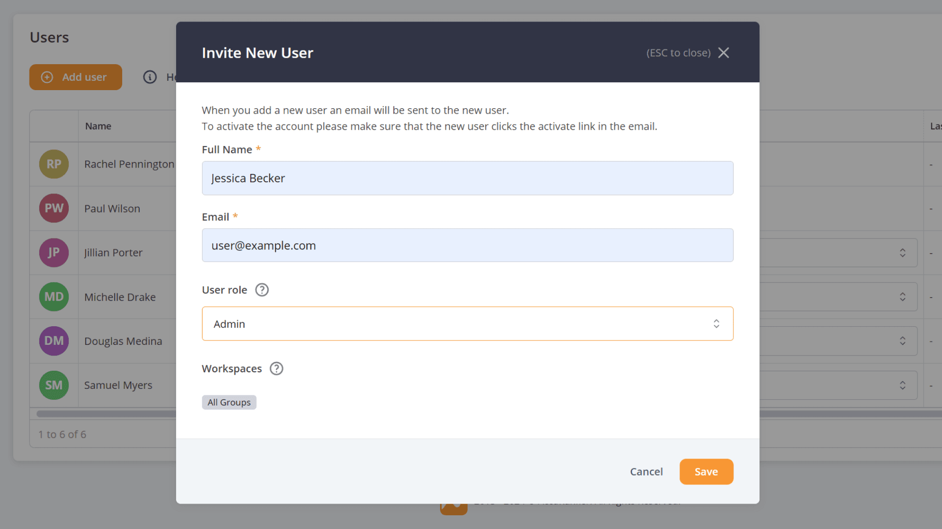 Screenshot showing the "Invite New User" modal 